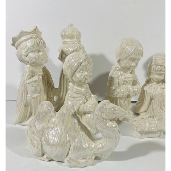 Vintage Arnel Nativity Set Glazed Ceramic Iridescent White Christmas Crèch ‘75 - Picture 2 of 12